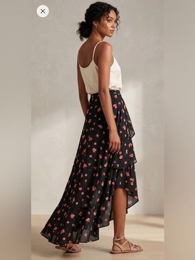 GAP Black High-Low Floral Ruffle Skirt with Pink Prints